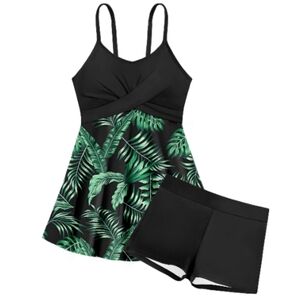 Girls Swimsuit 13-14 Bathing Suits for Teens 2 Piece Criss Cross Green Tropical